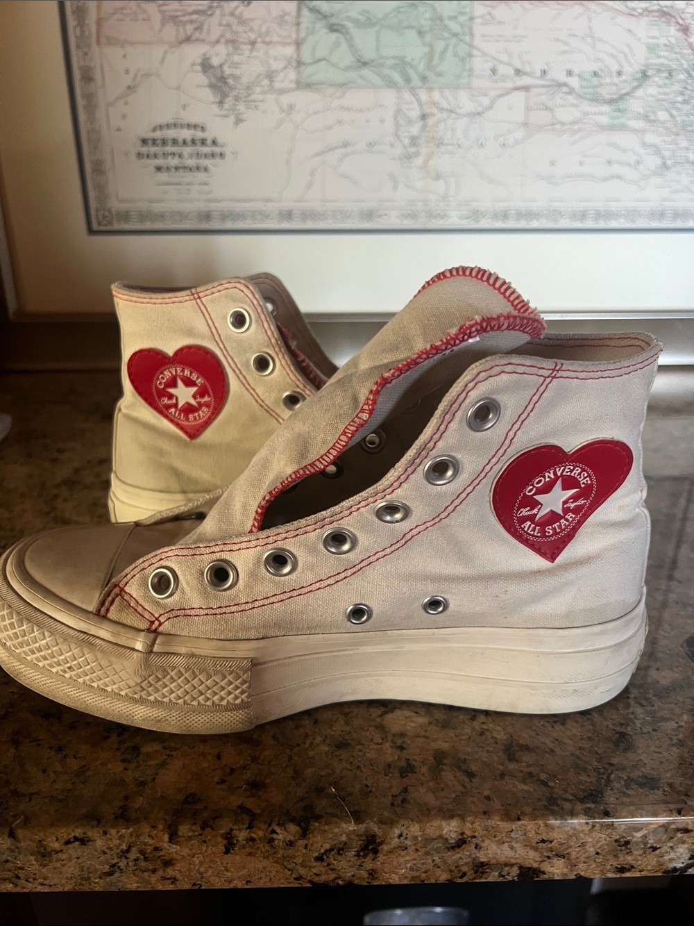 Converse Women's Cream High-Top Sneakers with Red Heart Patch